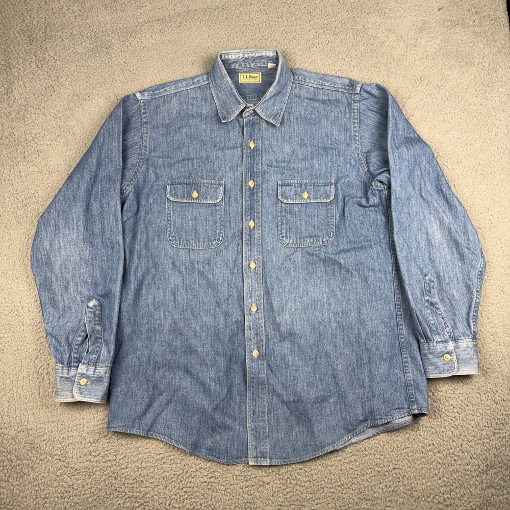 Vintage L.L. Bean Chambray Shirt Mens Large Blue Long Sleeve Button Down Cotton